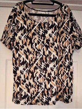 Kim Rogers Black, Tan & White Geometric Scoop Neck Top